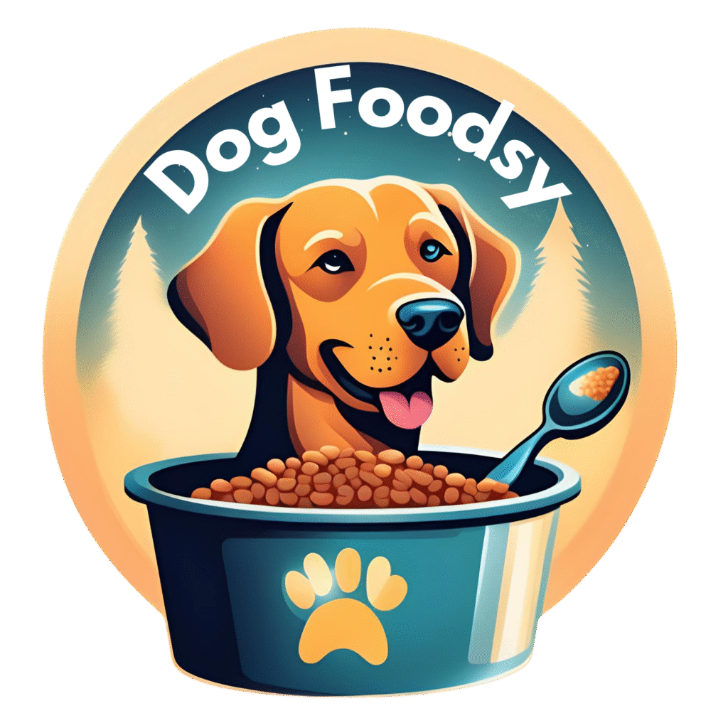 Dogfoodsy logo featuring a happy dog inside a food bowl filled with kibble and a spoon, with pine trees in the background.