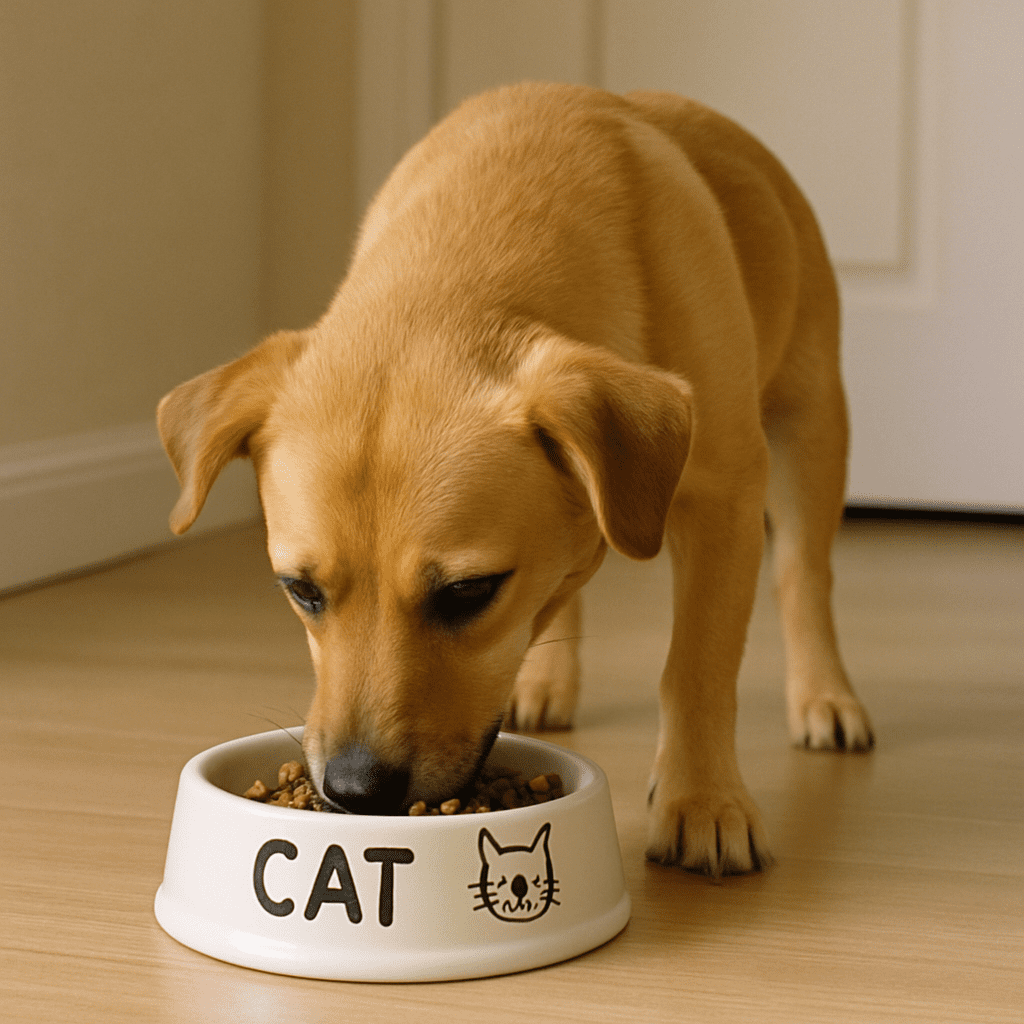 Can Dogs Eat Cat Food? Understand the Risks & Safety. Dog eating from a cat food bowl image