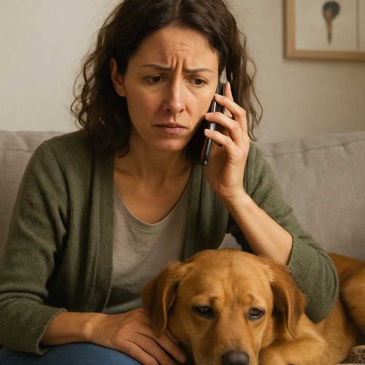 A concerned pet owner on the phone with a veterinarian, dog lying beside her looking unwell.