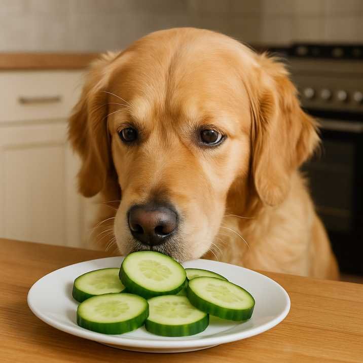 A golden retriever sniffing a sliced cucumber on a plate, indoor kitchen background, curious expression.