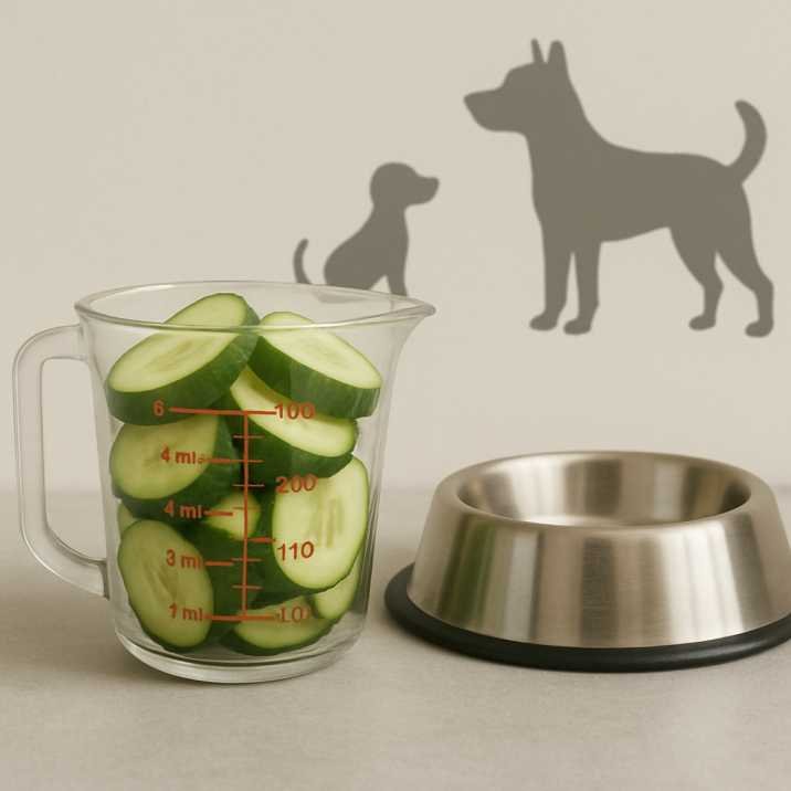 A measuring cup with cucumber slices beside a dog bowl, small vs large dog icons in the background.