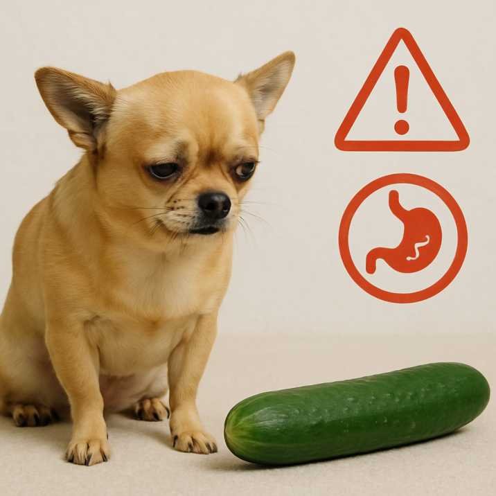 A small dog looking uncomfortable near a whole cucumber, red warning icons (choking hazard, stomach upset).