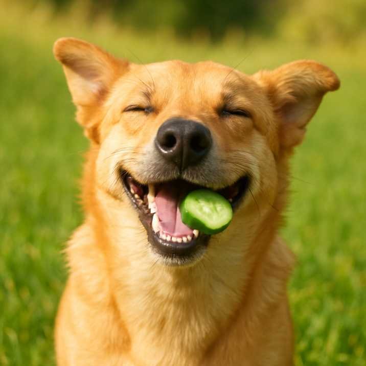 A smiling dog happily eating a small cucumber slice outdoors on green grass, sunny background.