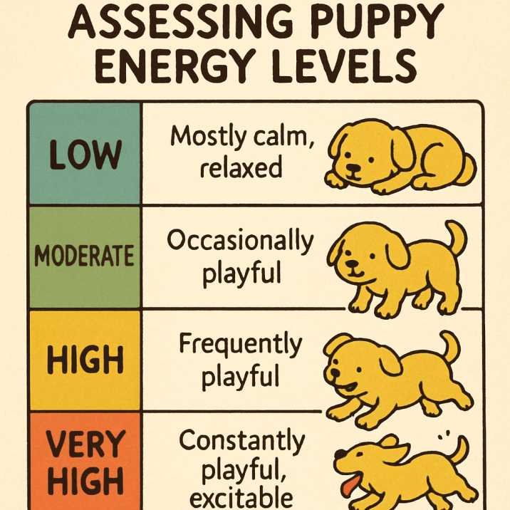 Poster displaying the phrase "assessing puppy energy levels" in bold text on a colorful background.