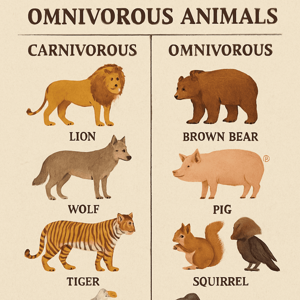 Are Dogs Carnivores or Omnivores? An illustration showcasing various types of animals, including mammals, birds, reptiles, and aquatic species.