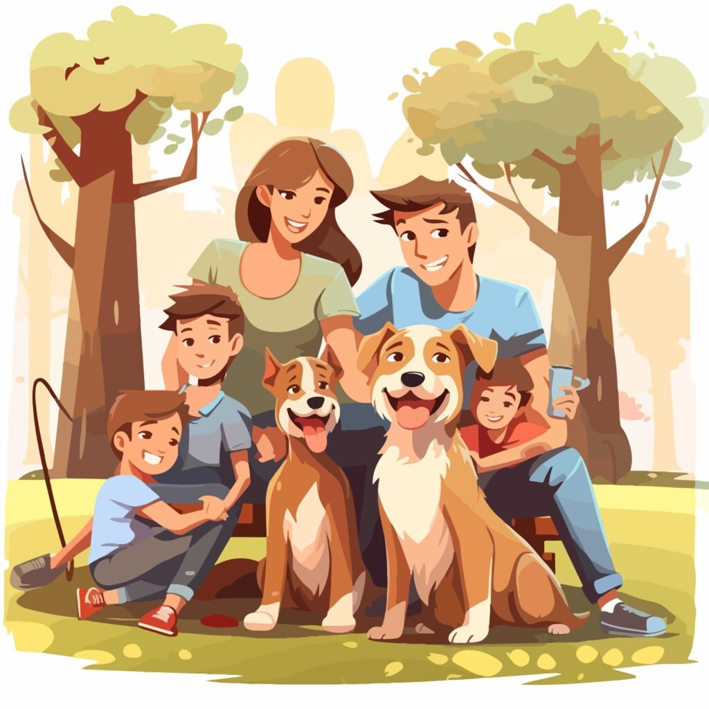 A family sits on the grass in a park, with two playful dogs nearby, enjoying a leisurely day outdoors.