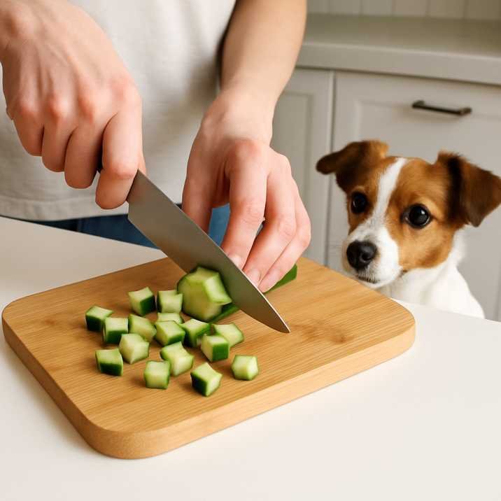 Hands cutting cucumber into bite-sized pieces for a small dog, clean kitchen setting.