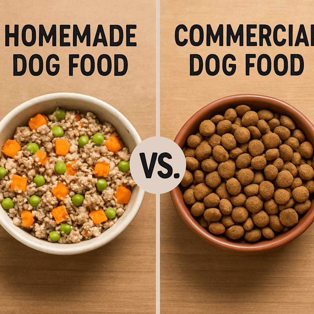 A side-by-side comparison of homemade dog food and commercial dog food, highlighting their ingredients and benefits. Are Dogs Carnivores or Omnivores?