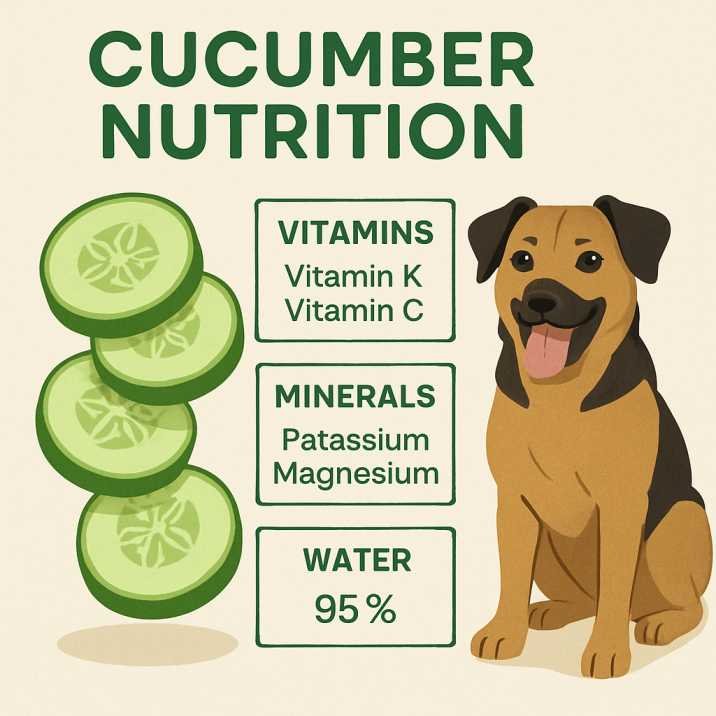 Infographic-style image showing cucumber slices with nutrition labels (vitamins, minerals, water content) beside a healthy dog.