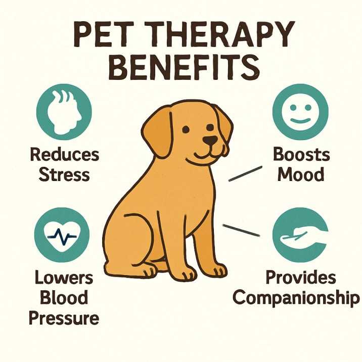 Infographic illustrating the benefits of pet therapy, highlighting emotional and physical health improvements.