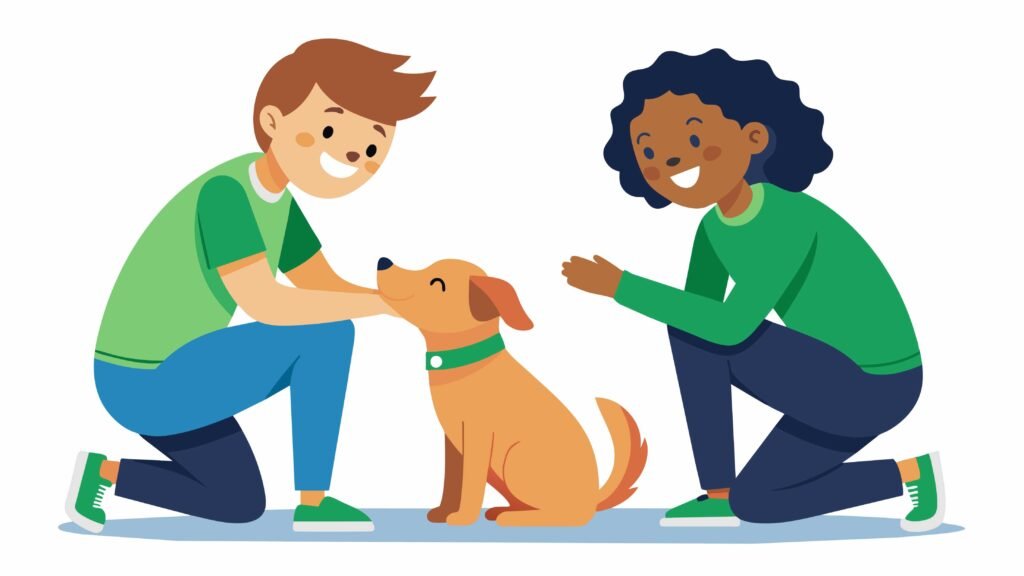 Two people gently pet a friendly dog, enjoying a moment of connection and affection together.