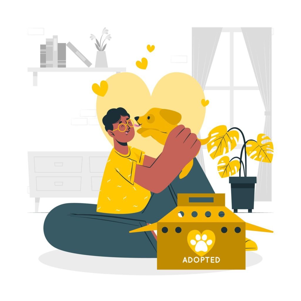A man and his dog sit on the floor beside an open box of dog food, sharing a moment together.