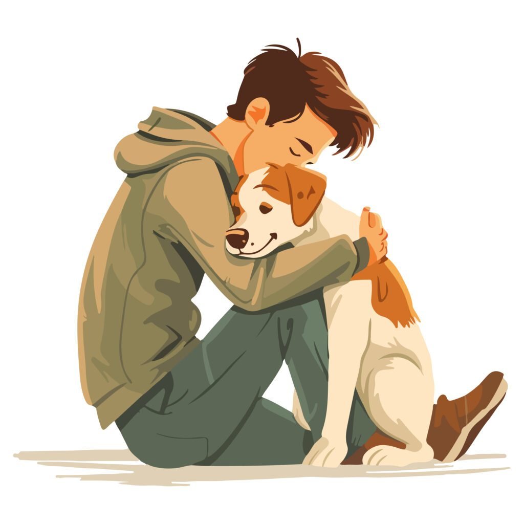 A man lovingly hugs his dog, highlighting their bond and the joy of their relationship.